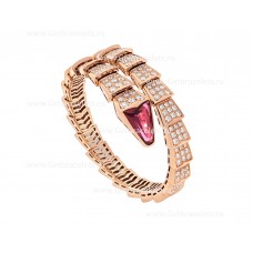 Bracciale Bvlgari Serpenti Viper a una spirale in oro rosa 18 carati con pavé di diamanti e rubellite sulla testa