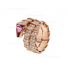 Anello Bvlgari Serpenti Viper Twp-Coil in oro rosa 18 carati con pavé di diamanti e rubellite sulla testa