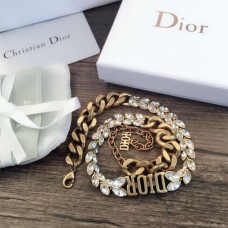 Dior DIOR Logo Charm Catena spessa Marchesa Diamanti Collana da donna in ottone antico cristallo bianco finto
