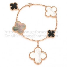 Van Cleef Arpels Magic Alhambra Bracciale 5 motivi Oro rosa con madreperla bianca grigia Agata nera Van Cleef Arpels Magic Alhambra Bracciale 5 motivi Oro rosa con madreperla bianca grigia Agata nera