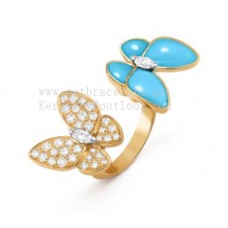 Anello Van Cleef Arpels Two Butterfly Between the Finger in oro giallo con diamanti e turchese